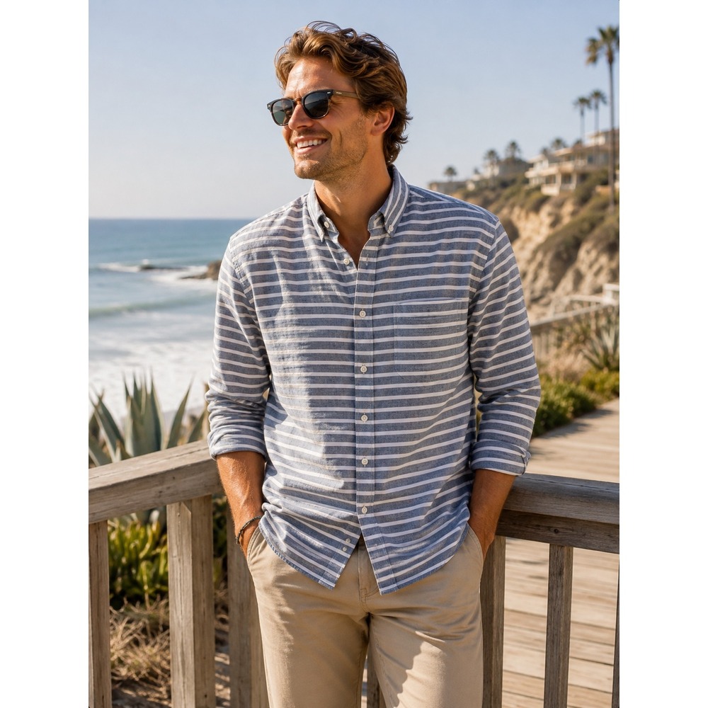 SLVDR Mens Small Blue White Stripe Cotton Linen Button Down Shirt Coastal